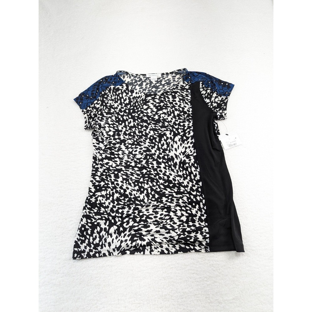 Liz Claiborne Black White Blue Spotted Varied Print Stretchy Top Women's L